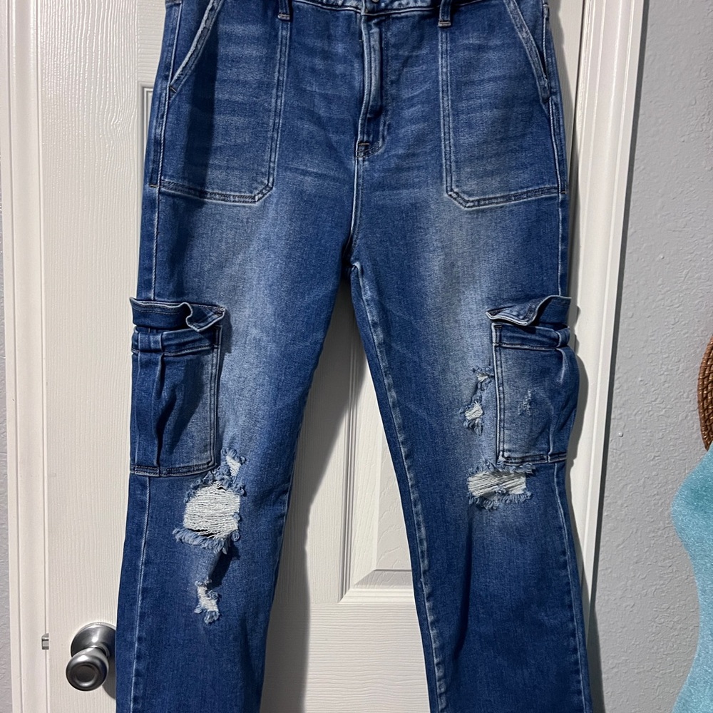 Risen Distressed Blue Cargo Jeans sz 15/32 womens
